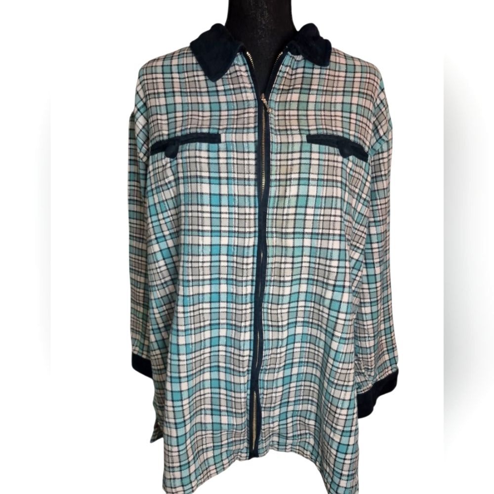 Vintage Plaid Jacket w/Velvet Royal Blue Trim & Silver Threading- Size 18/20W